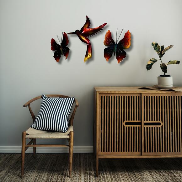 Made in Mexico Metal Wall Art | Hummingbird & Butterfly Trio | Rustic Garden - Picture 7 of 11